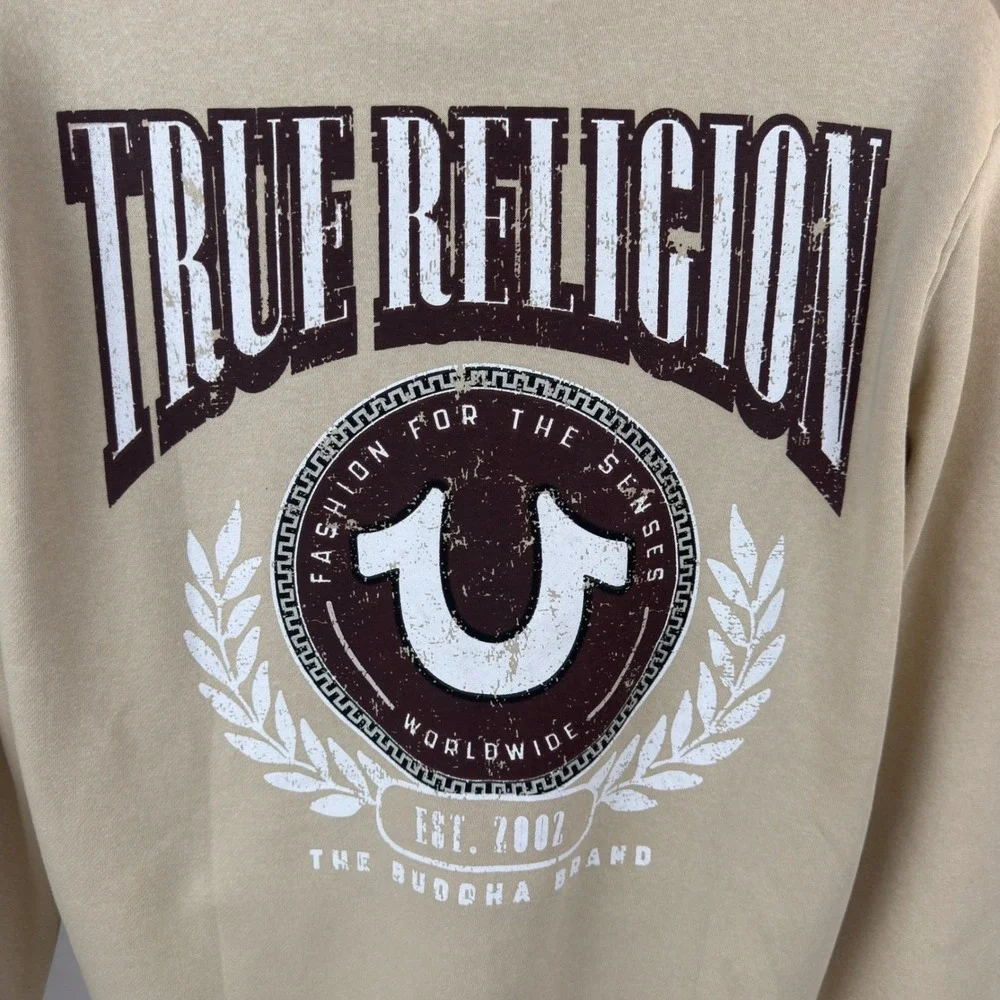 True Religion Mens College HS Zip Hoodie Fog Beige Graphic Sweatshirt Large 44